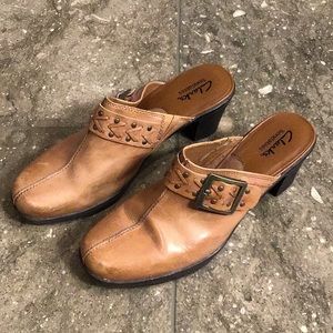 Clarks tan leather mules, 9